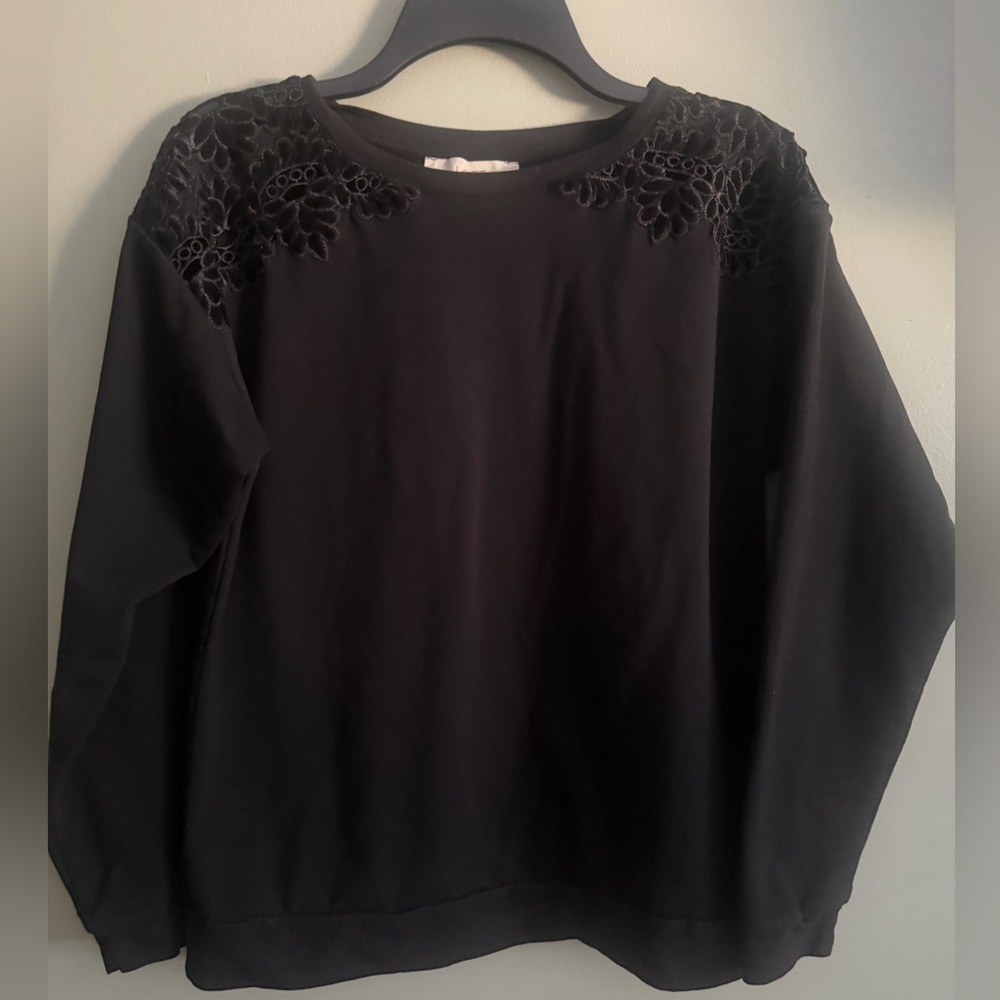 LOFT Black Knit Floral Velvet Burnout long sleeve sweatshirt blouse size medium